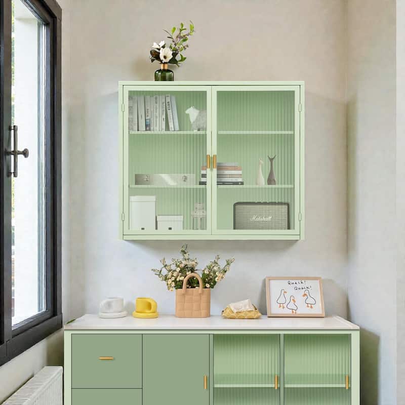 27.56" Modern Wall Cabinet with Glass Doors, 3-Tier Storage, Iron and Tempered Glass Hanging Cabinet for Bathroom and Entryway - Mint Green