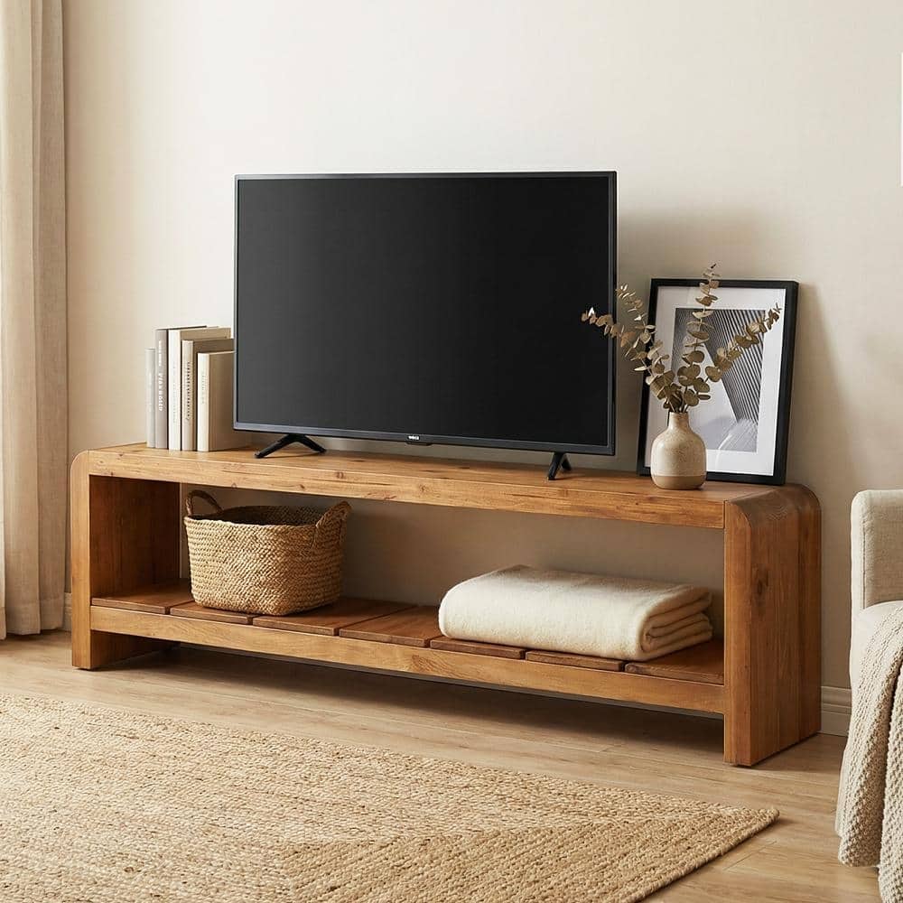 59" TV Stand for 55/60/65-Inch TVs, Solid Wood TV Console with Storage Shelf