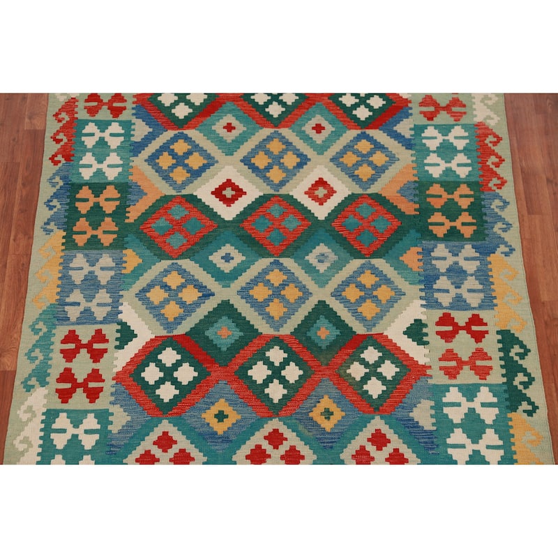 Hand Woven Oriental 100% Wool Carpet Southwestern Geometric Multi-Colored Kilim Area Rug - 8' 3'' X 5' 7''