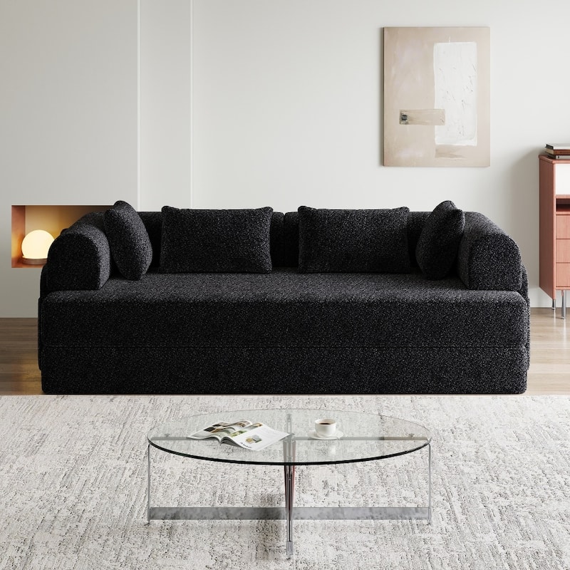78.7" Convertible Chenille Folding Mattress Sleeper Sofa Bed with Cylindrical Pillow and Side Pocket - Black