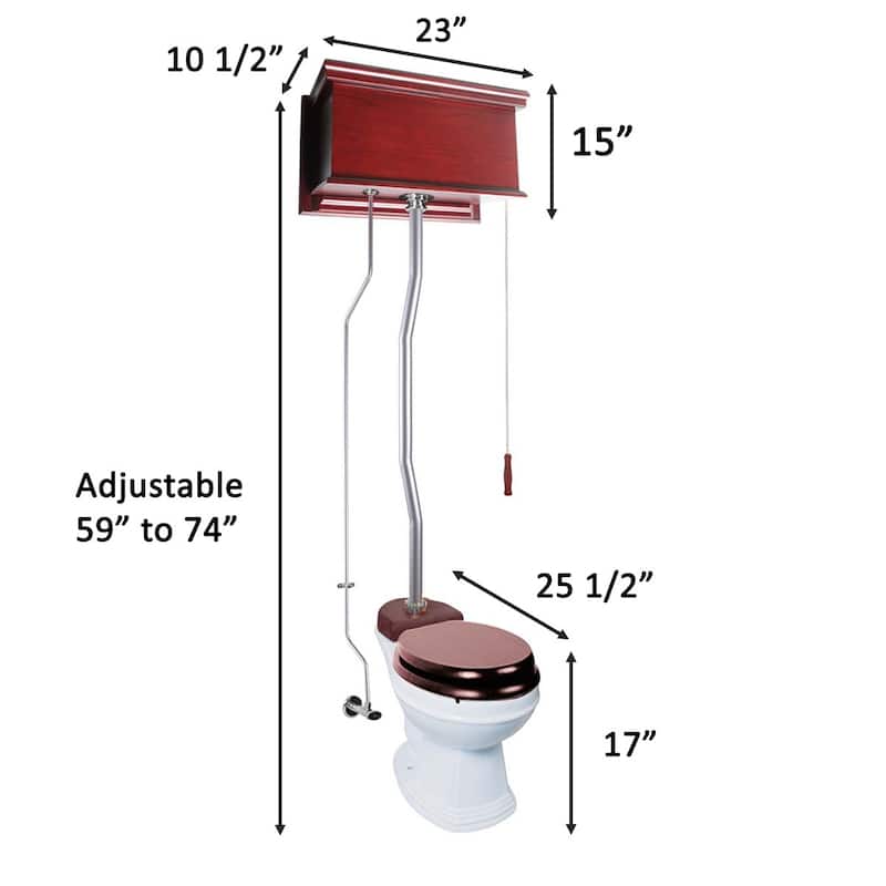 Cherry Wooden High Tank Toilet Flat High Tank, Round White Bowl and Satin Plated Z Pipe