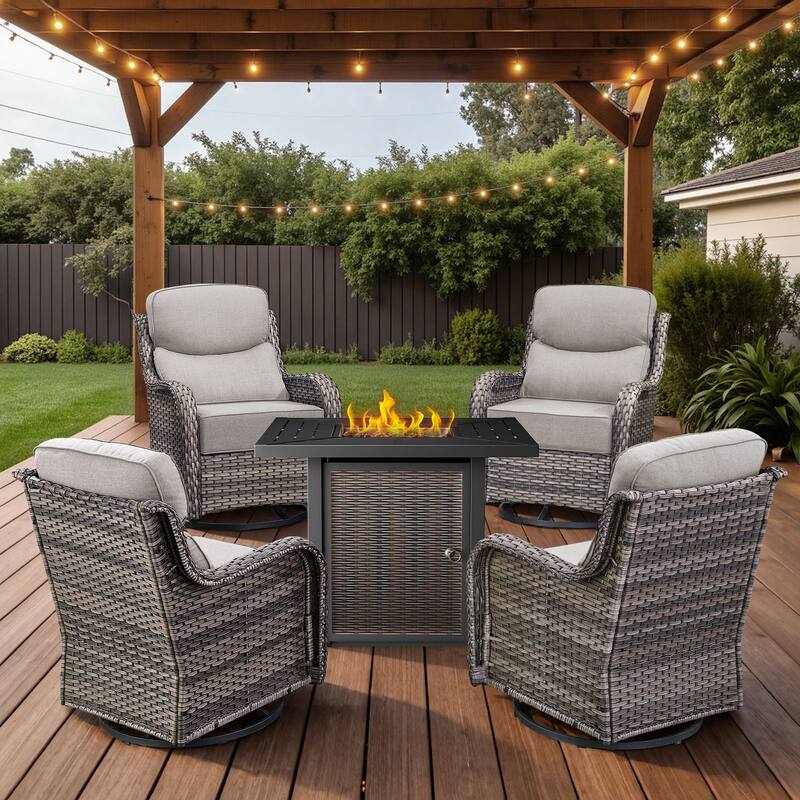 Arcadia 5-Piece Wicker Patio Set with 4 Swivel Glider Chairs and Square All-Iron Fire Pit