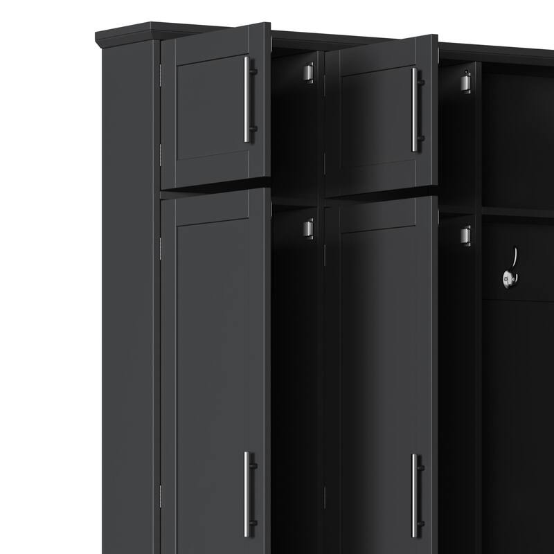 Farmhouse Hall Tree with 4 Hidden Hanging Hooks, Versatile Walnut Seating Bench with 8 Doors, Entryway Shoe Cabinet