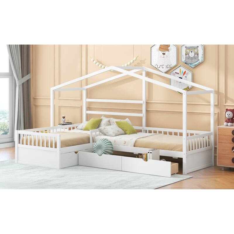 L-Shape Double Twin Size Pine Wood House Platform Bed with 3 Storage Drawers