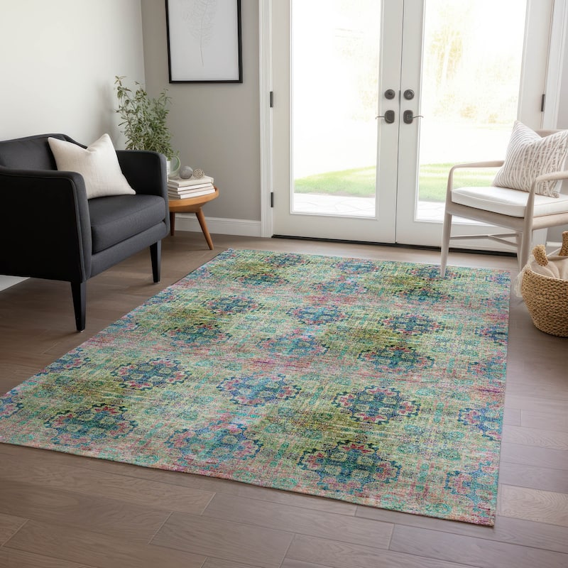 Machine Washable Indoor/ Outdoor Vintage Medallions Chantille Rug - Green - 10' x 14'