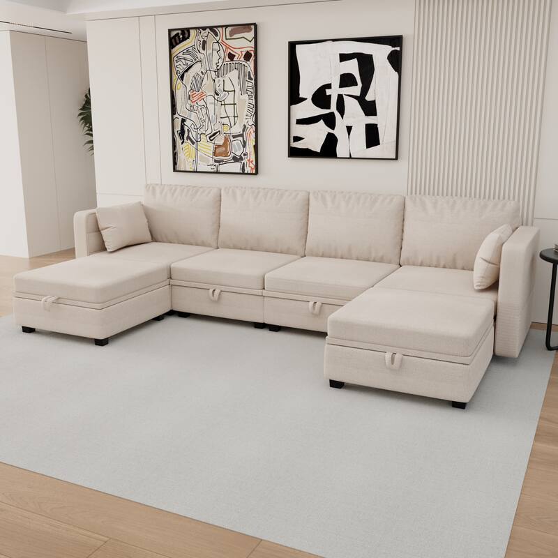 6-Seat U-Shaped Modular Reversible Sectional Sofa with Storage Ottoman