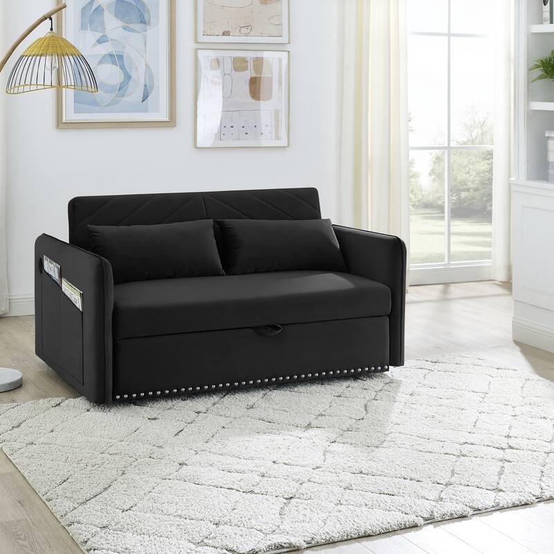 Velvet Convertible Sleeper Sofa Bed with 3-Level Adjustable Backrest, USB Port, and Side Pockets