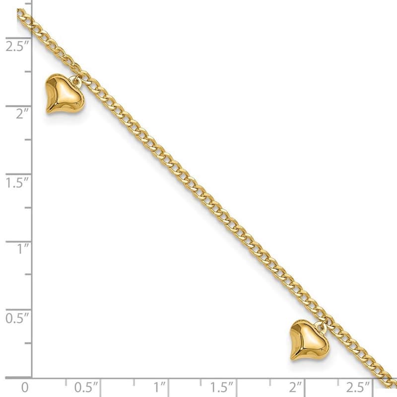 Curata 14k Yellow Gold 9+1" Polished Dangling Puffed Heart Station Curb Chain Anklet (Lobster-claw)