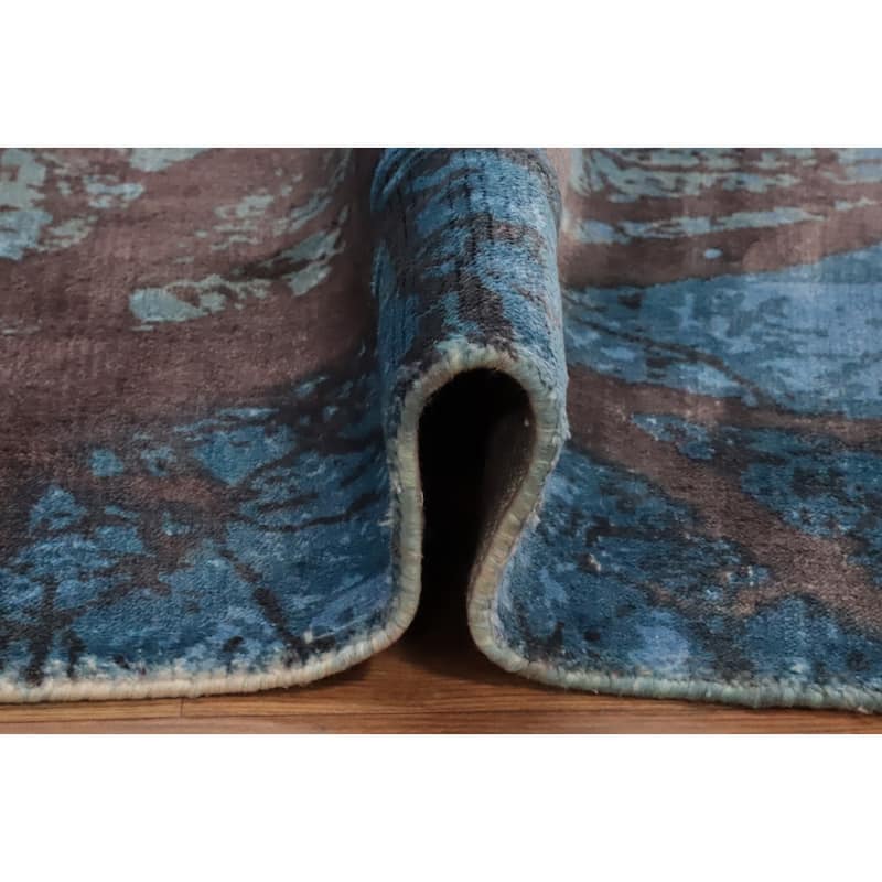 Hand Knotted Oriental Viscose Silk Carpet Modern Pictorial Navy Blue & Blues Abstract Area Rug - 7' 10'' X 5' 8''