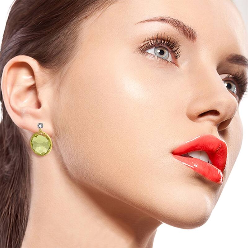 14K Solid Gold Diamonds Stud Earrings w/ Round Cut Lemon Quartz