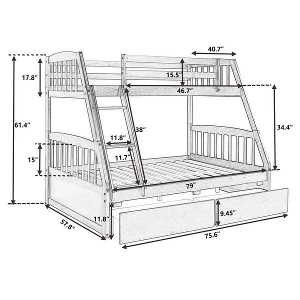 Espresso Twin Over Full Solid Wood Bunk Bed with Drawers, Removable Ladder, Guard Rails