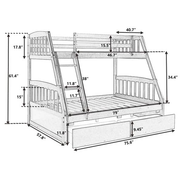Trapezoidal Design Twin Over Full Bunk Bed Solid Wood Bed Frame with 2