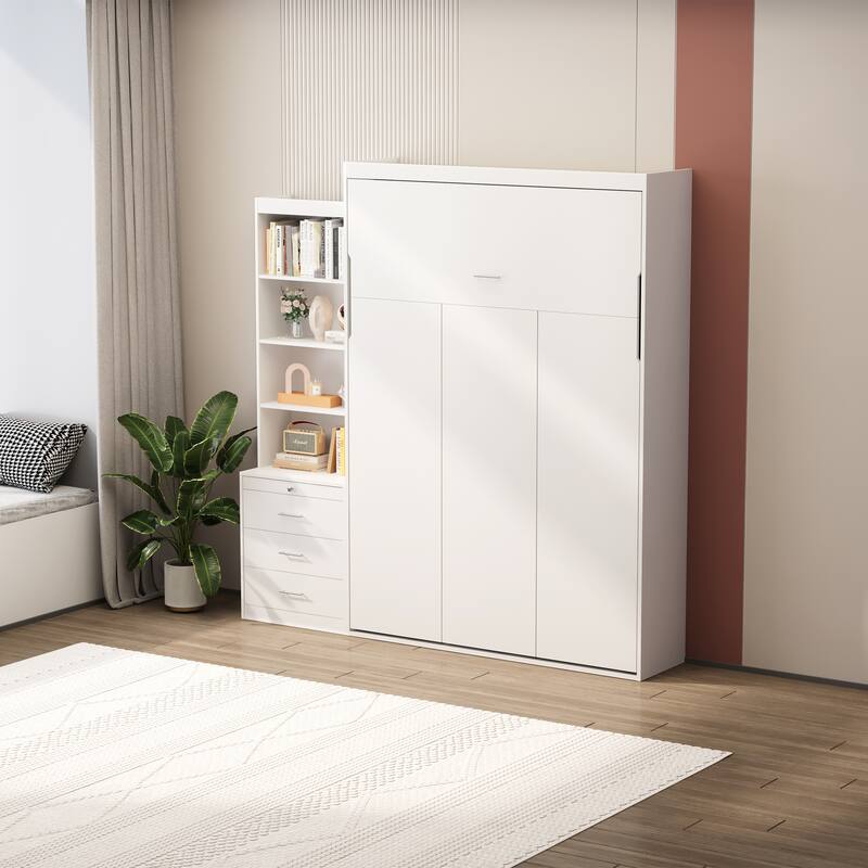 White Full Size Murphy Bed with Storage Shelves and Drawers - Vertical Wall Bed with Gas Struts