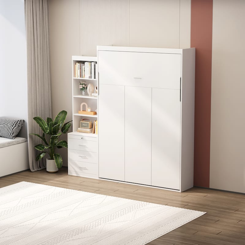 White Wall Bed, Twin Size Horizontal Murphy Bed with Storage Cabinet, Full Size Vertical Murphy Bed with Bookcase and Drawers - White - Full