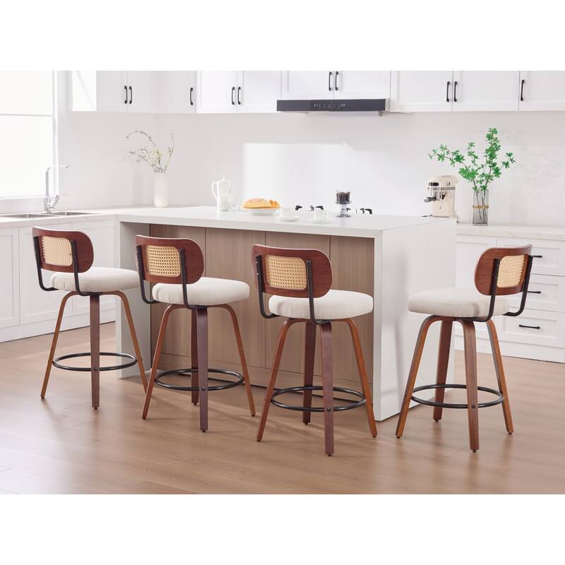 Roomfitters Upholstered Swivel Bar Stools Set of 2 with Rattan Back and Wood Legs, Modern Counter Height Dining Chairs