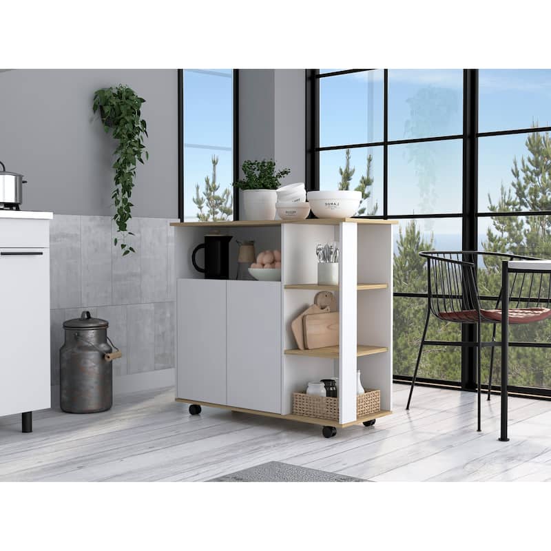 Kitchen Island Kamkacht, One Cabinet, Four Open Shelves, Light Oak / White Finish - Brown