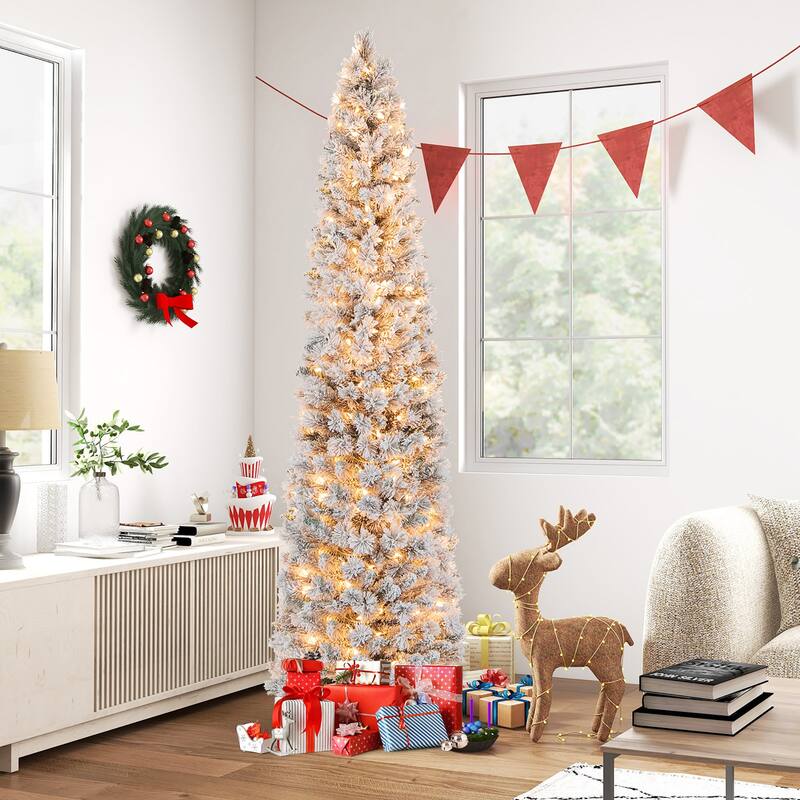 Gymax 4.5/6/7 FT Pre-Lit Artificial Christmas Tree Slim Pencil Xmas