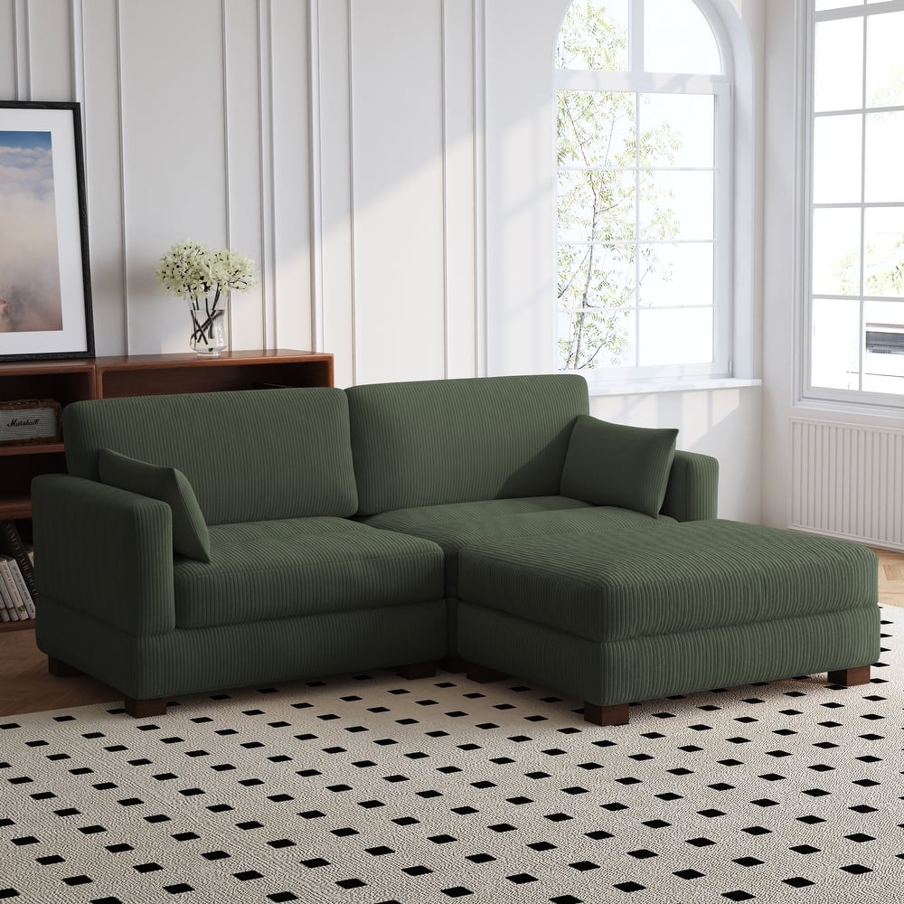 84'' L-Shaped Corduroy Comfy Couch Modular Sectional Sofa With Ottoman