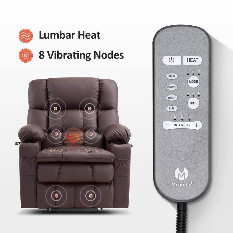 MCombo Medium Dual Motor Power Lift Recliner Chair Infinite Position, Massage and Heat, Extended Footrest, Faux Leather 7890