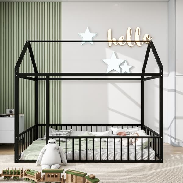 slide 2 of 10, Black Twin Size Metal House Bed Frame with Fence and Roof for Kids, Teens, Girls, Boys Twin - Black