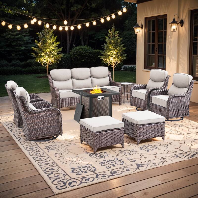 Pocassy 30 Inch Fire Pit Table with Sofa Swivel Chair Set - Beige Cushion Brown Wicker - 9-Piece Sofa Siwvel Chair Ottoman w/ Fire Table