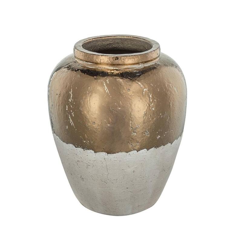 16" Antiqued Bronze And Light Gray Color Block Ceramic Round Jug Vase - 8.50