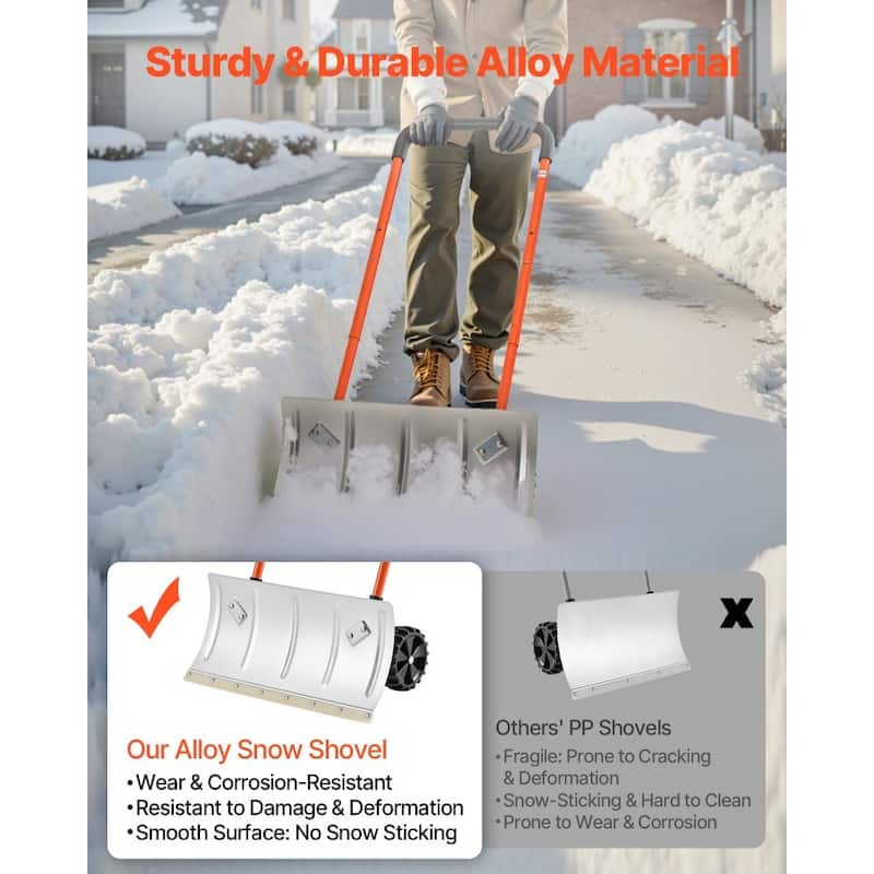 24 Inch Push Snow Shovel with Wide Blade Sturdy Frame and Anti-Slip Wheels for Driveway Yard or Sidewalk