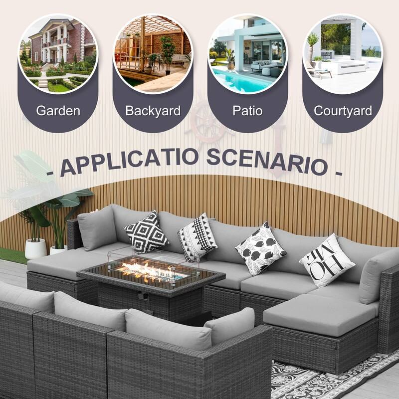 FINCATI Outdoor Grey Wicker Sectional Furniture Patio Sofa Set with Firepit Table
