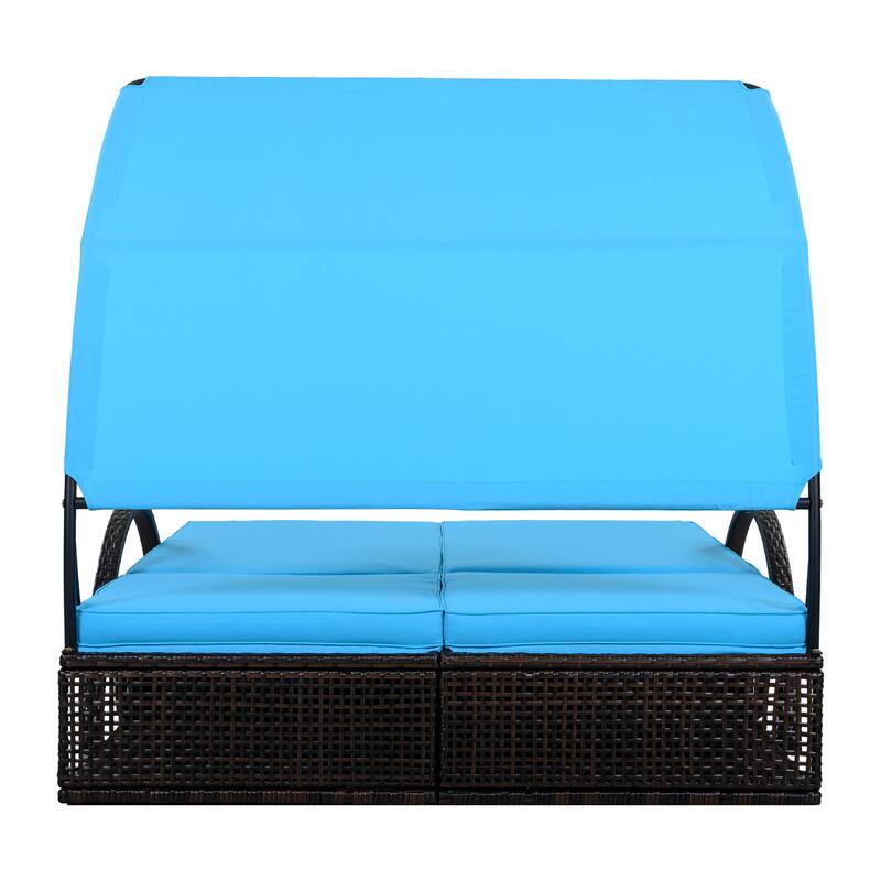 Outdoor Steel Frame Sun Lounger with Adjustable Backrest,Patio Double Sunbed with Hidden Side Table and Arched Armrests