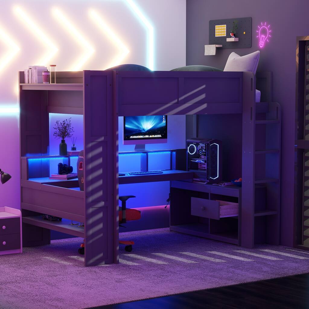 Roomfitters Full Size Gaming Loft Bed with Desk, Storage Shelves and LED Lights, Dark Gray