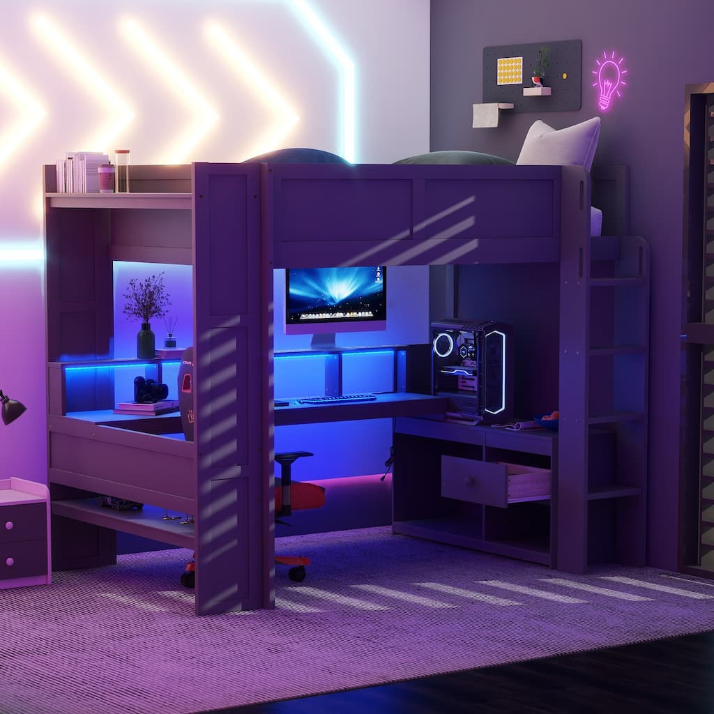 Wood Full Size Gaming Loft Bed with Desk, Multi-storage Shelves, LED and Charging Station