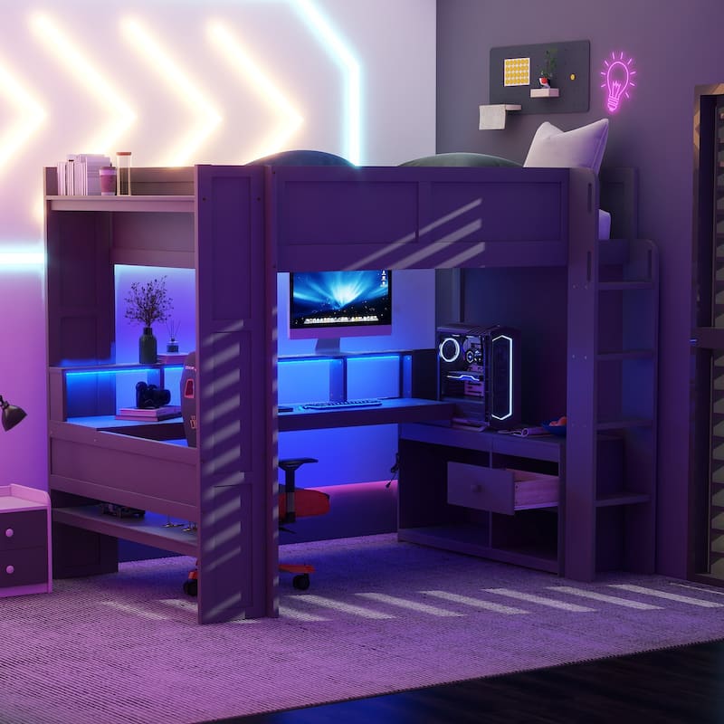 Wood Gaming Loft Bed with Desk, Shelves, LED, Charging Station