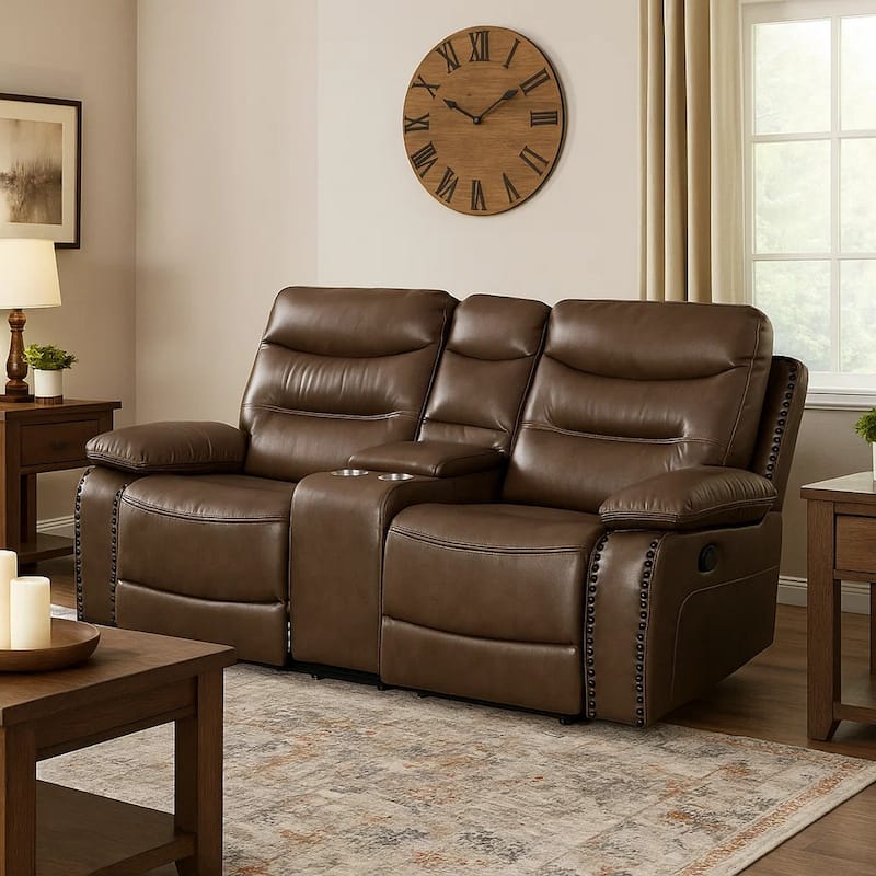 Motion Loveseat with Leatherette Upholstery and Tufted Seat, Brown