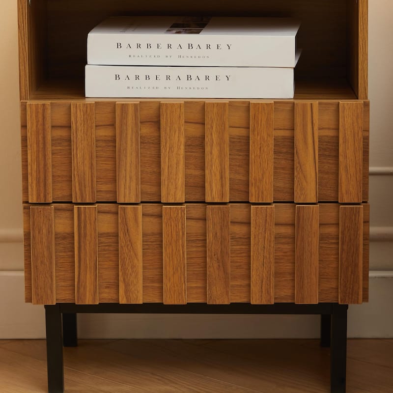 Mid Century Woodgrain Nightstand Pair 2 Drawers Bedside Table