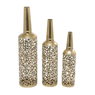 Metal Abstract or Diamond Patterned Decorative Vase with Open Frame Design - Set of 3 Gold - Roche River Decor