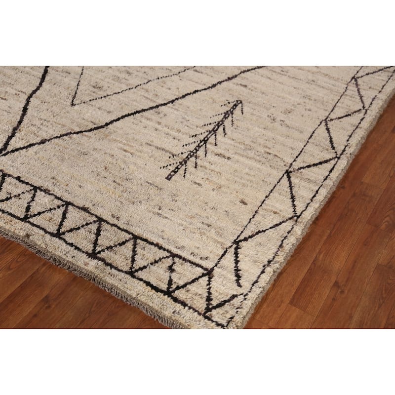 Geometric Grey Moroccan Oriental Area Rug Hand-Knotted Wool Carpet - 6'11" x 9'7"
