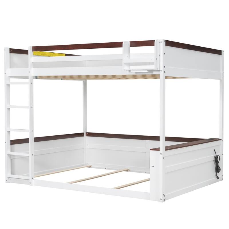 Queen size Wooden Bunk Bed with Built-in Shelves and LED Light, USB Charging Station for Living Room