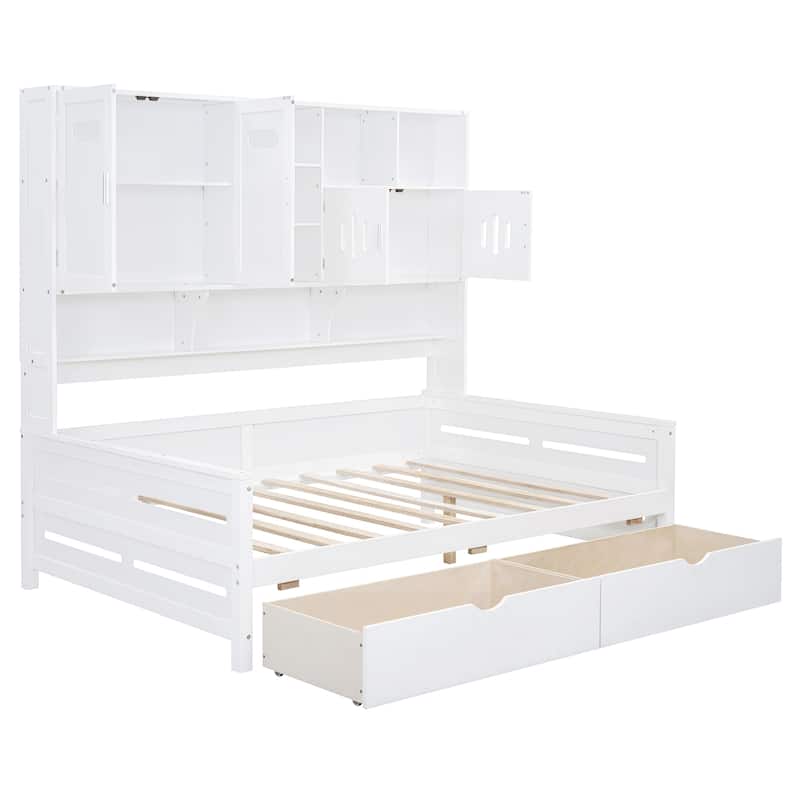 White Full Size Wooden Daybed with 2 Drawers, Cabinet & Shelf