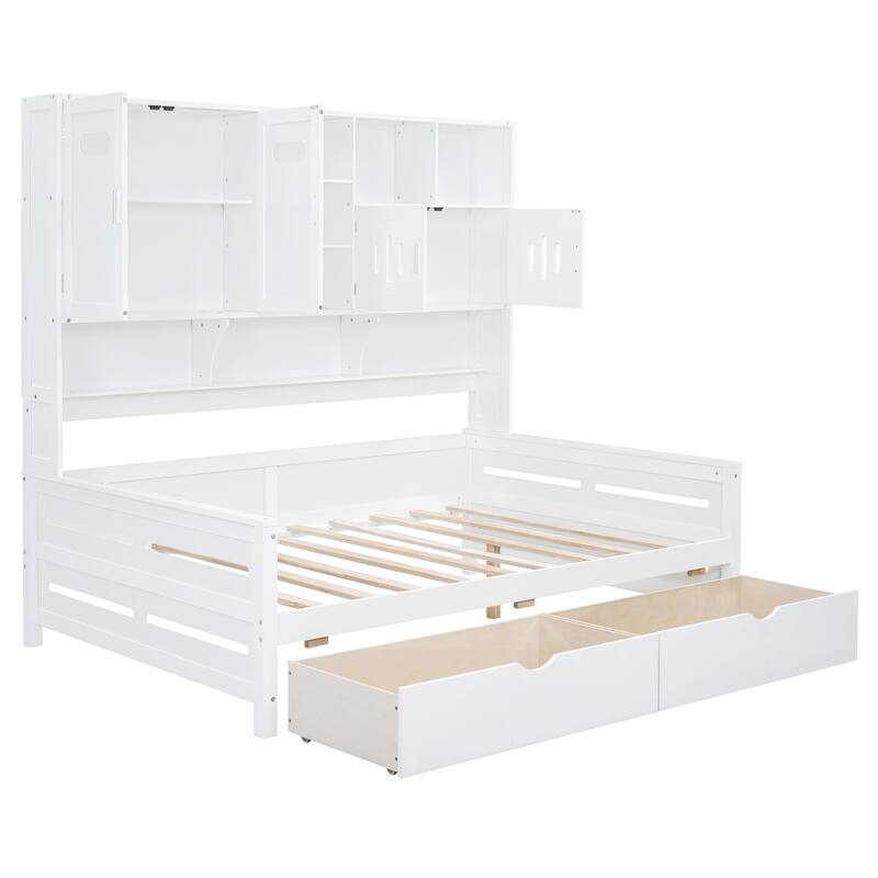 White Full Size Wooden Daybed with Storage Drawers and Built-in Cabinet & Shelf