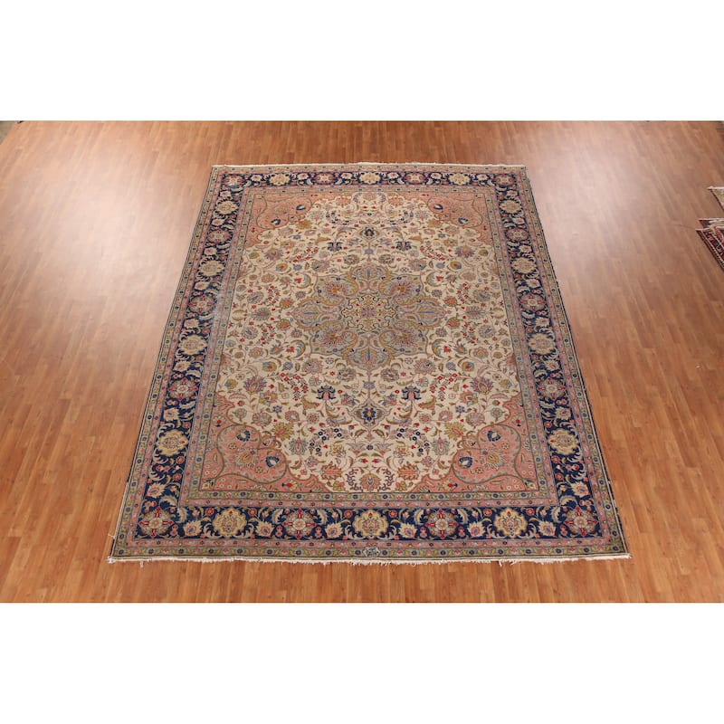 Hand Knotted Oriental 100% Wool Carpet Traditional Medallion Beige & Ivories Tabriz Area Rug - 12' 11'' X 10' 0''