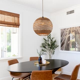 Palma 1-Light Two Tone Natural Woven Globe Pendant Light in Brass Finish - 16 in.Wide