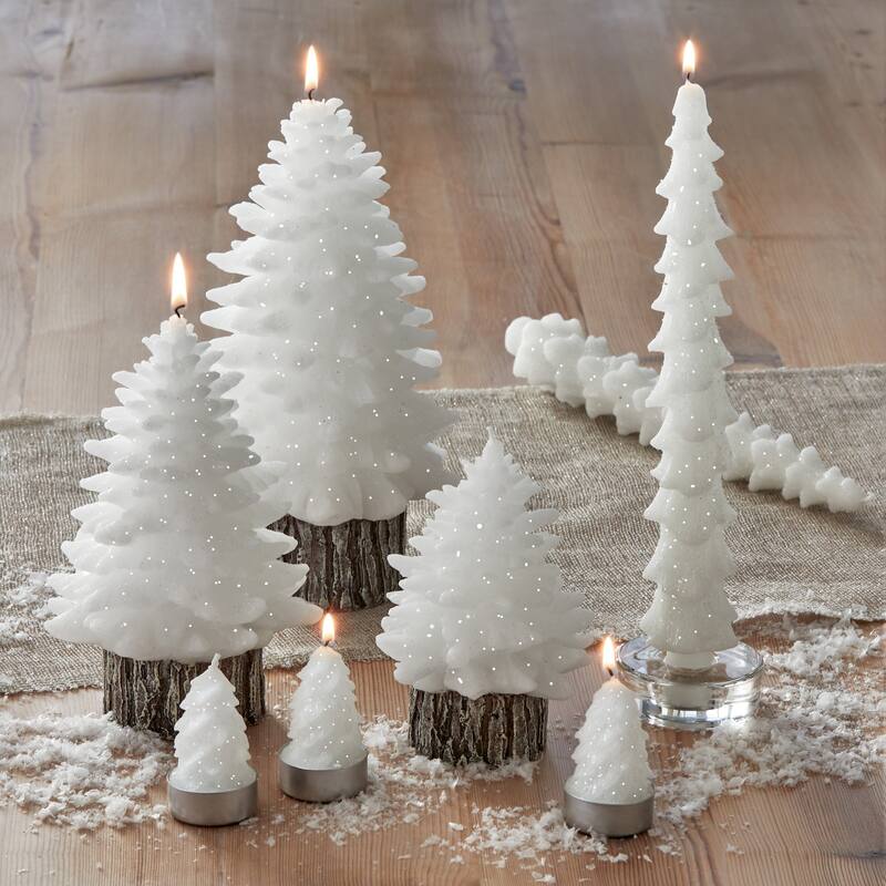 Spruce Med Rustic Tree Candle White Wax 36hr Burn Time Sculpted Novelty Candle for Christmas 7.5in H x 4.5in Dia