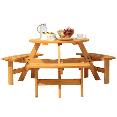 6-Person Outdoor Circular Wooden Picnic Table with 3 Built-In Benches