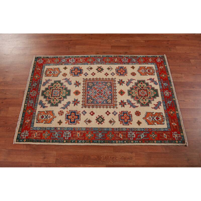 Geometric Kazak Foyer Rug Traditional Beige Handmade Wool Carpet - 2'8"x 4'1"