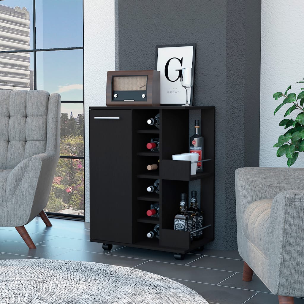 Tennessee Bar Cart, One Cabinet With Division, Six Cubbies For liquor, Two Shelves