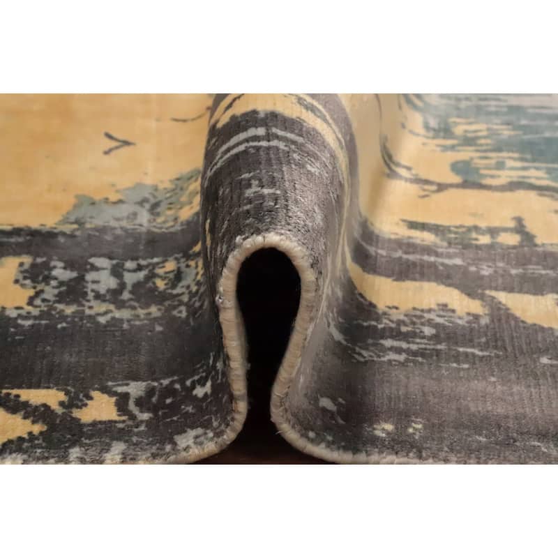 Hand Knotted Oriental Viscose Silk Carpet Modern Pictorial Greys & Charcoal Abstract Area Rug - 7' 9'' X 5' 6''