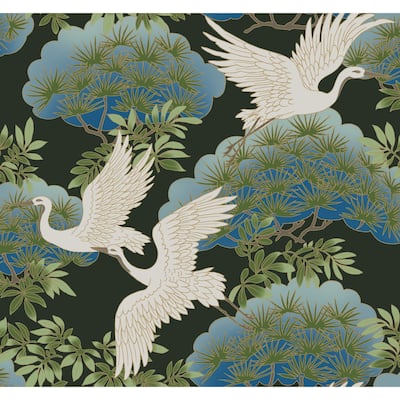 Glendora Sprig & Heron Black Wallpaper