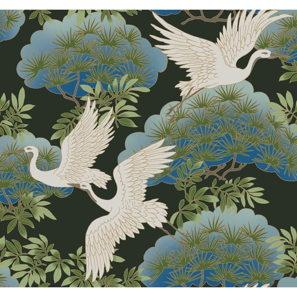 Glendora Sprig & Heron Black Wallpaper