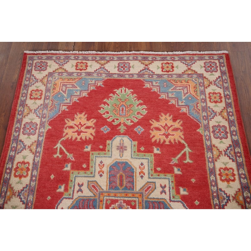 Geometric Kazak Accent Rug Hand-Knotted Traditional Wool Carpet - 3'5" x 5'2"