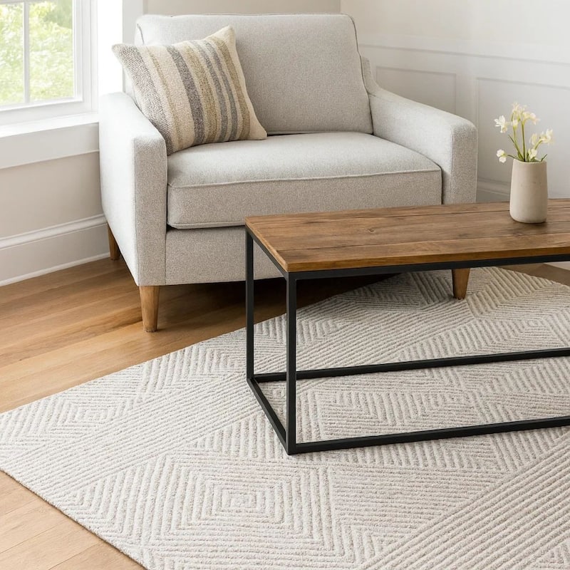 Glam 8 x 10 Area Rug, Geometric Pattern, Tufted Gray White Polyester, Wool - 8 x 10